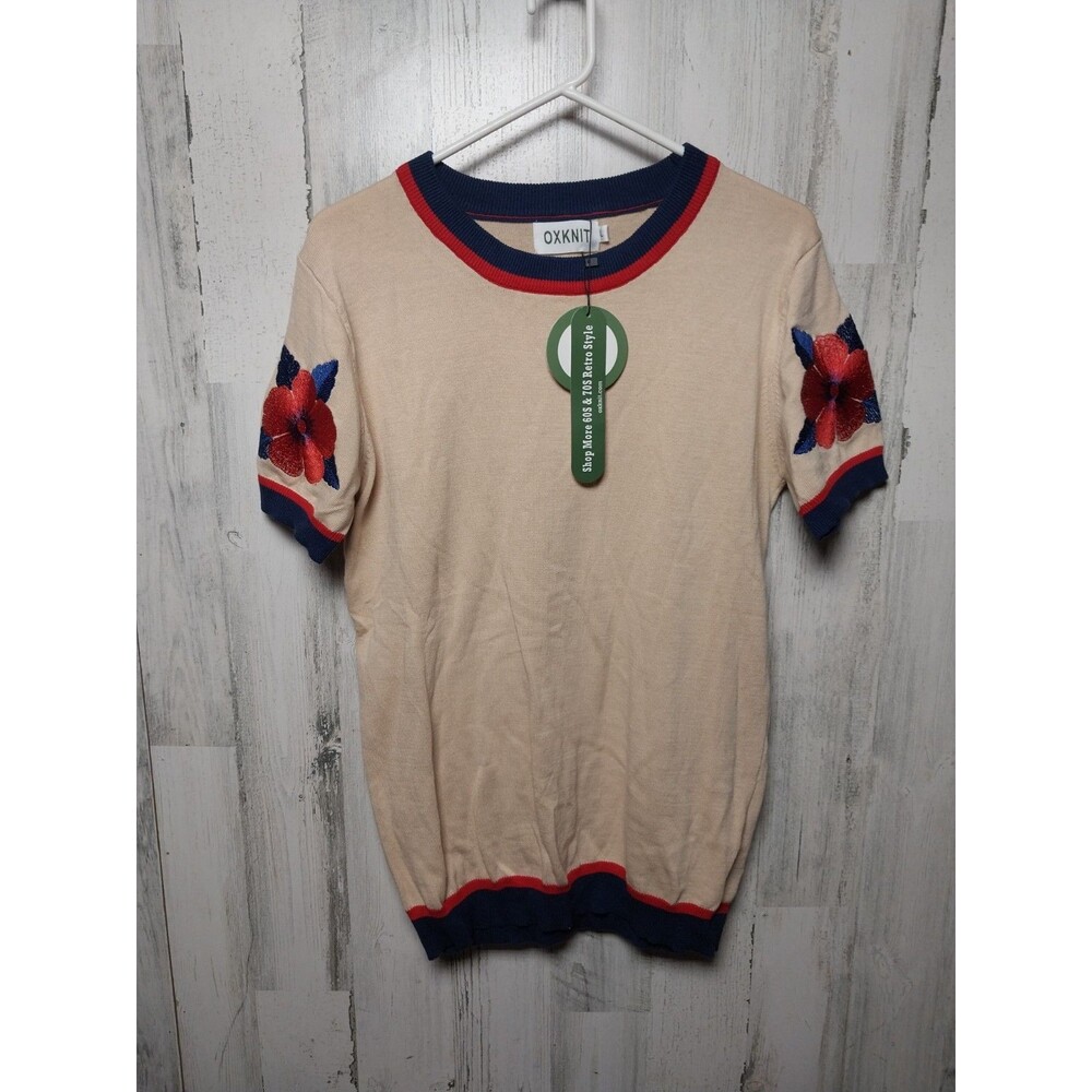 Oxknit Women's Large Khaki Floral Jacquard Knitted Tee Shirt NWT